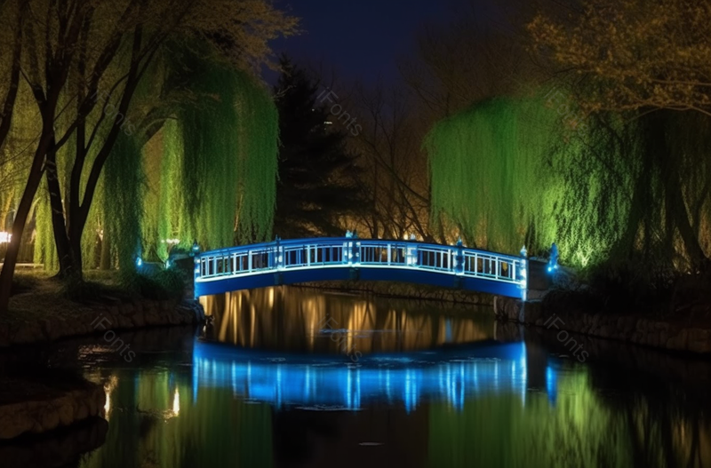 济南大明湖凝雪桥夜景湖边的柳树树木湖水倒映古桥旅游景点室外风景图像摄影,高清,摄影图,摄影图片,图片大全,摄影图免费下载